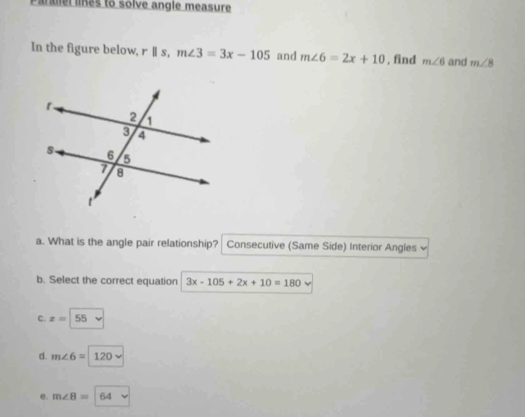 parallel lines to solve angle measure in the figure below, r || s, m∠3 …