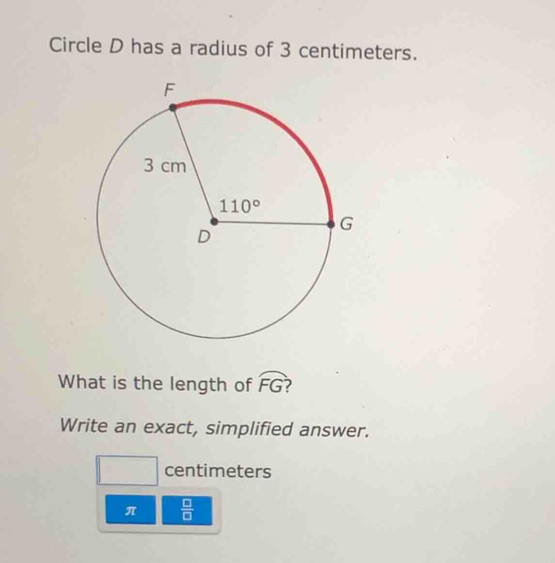 circle d has a radius of 3 centimeters. what is the length of \\(\\over…