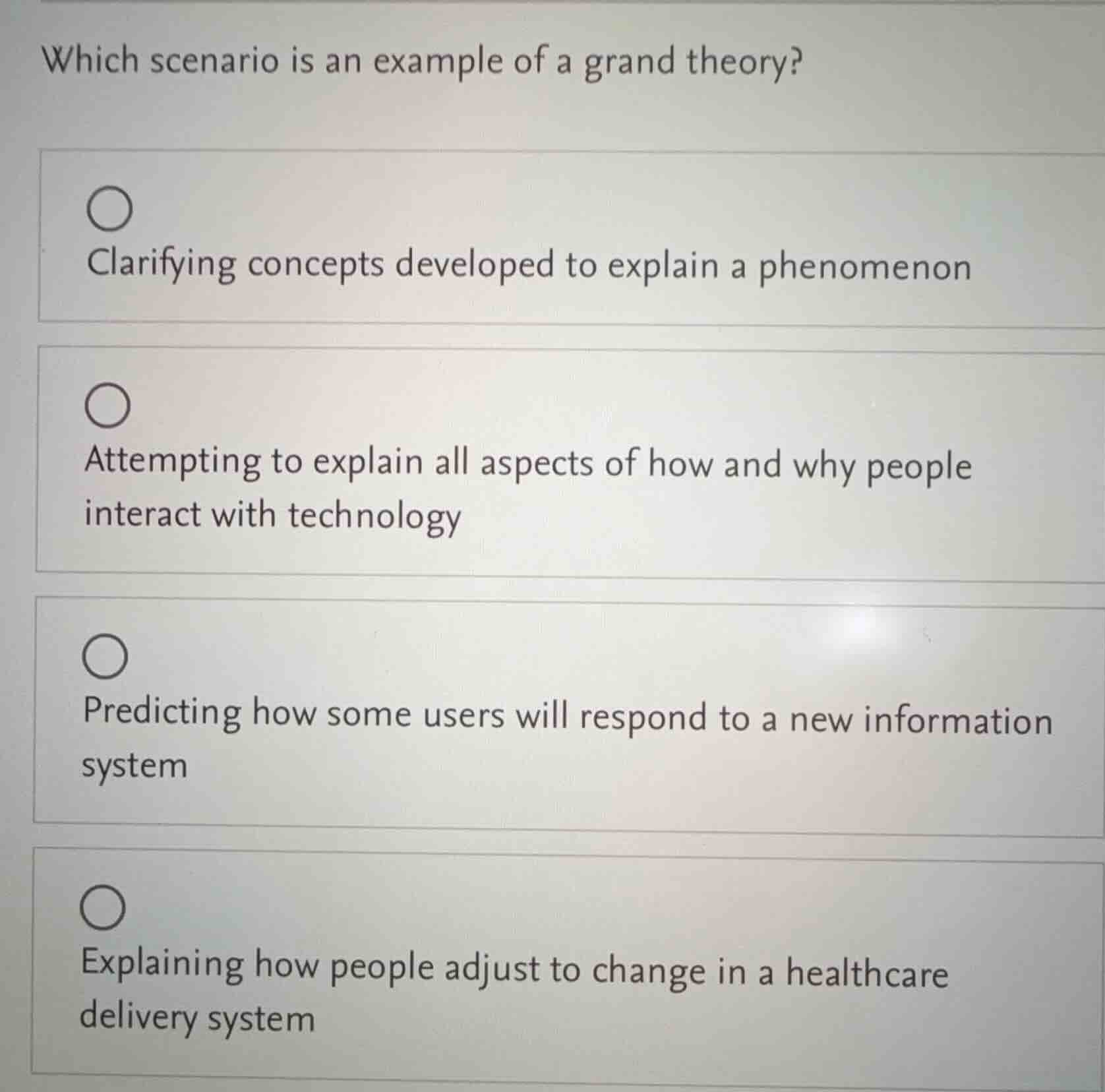which scenario is an example of a grand theory? ○ clarifying concepts d…