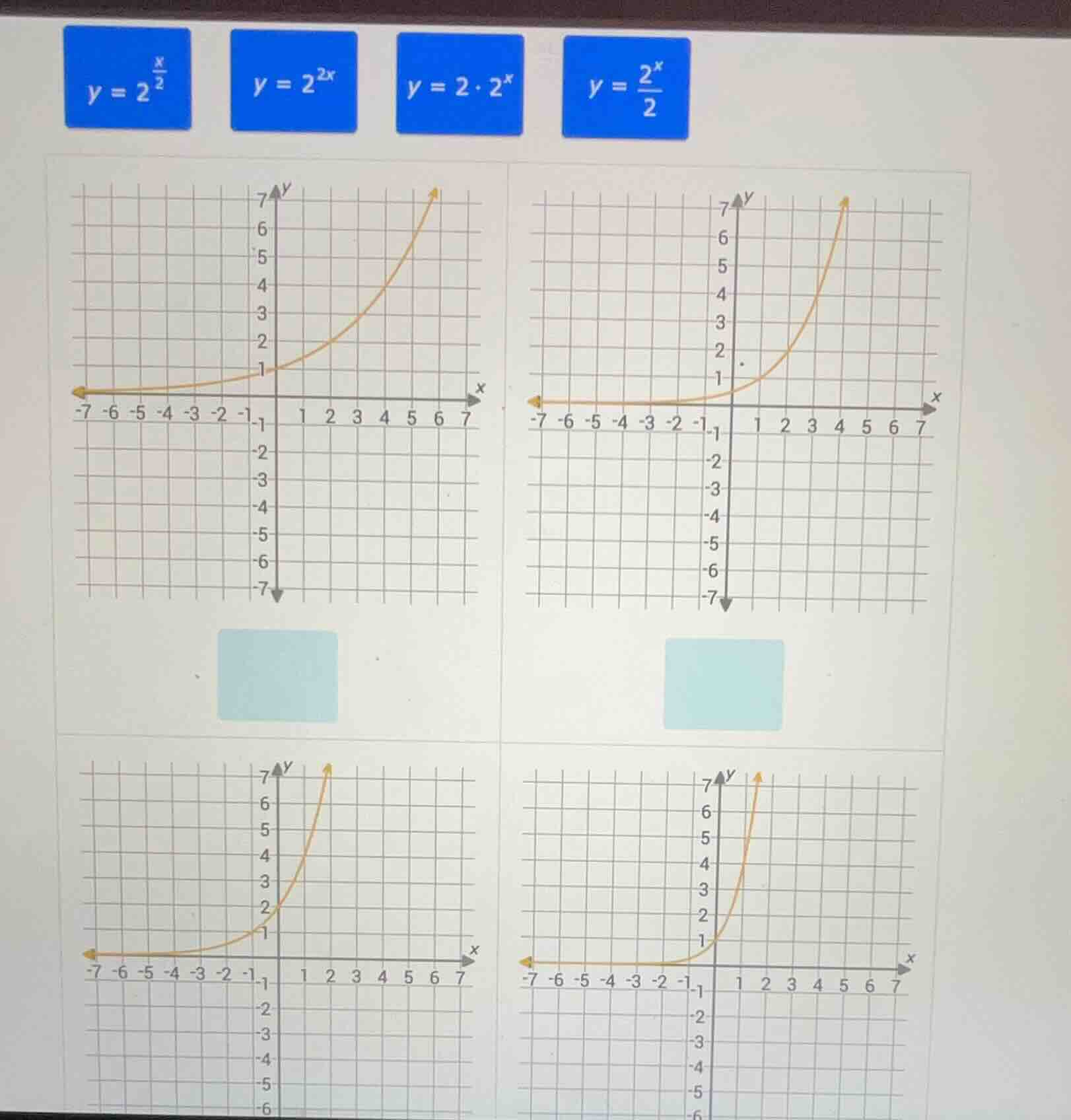 match the exponential functions ( y = 2^{\frac{x}{2}} ), ( y = 2^{2x} )…
