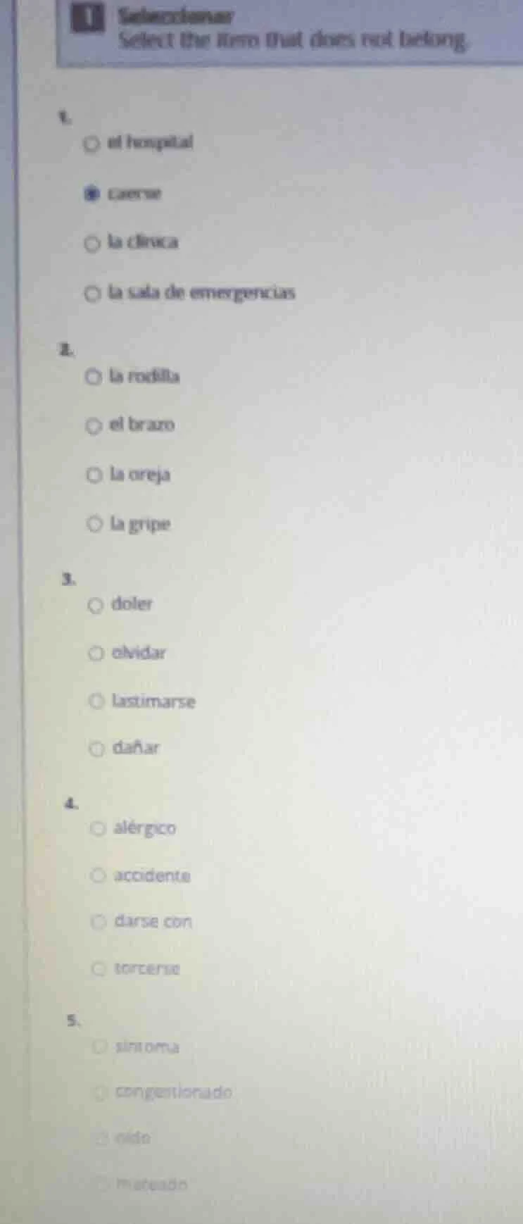 seleccionar select the item that does not belong. 1. el hospital cansar…
