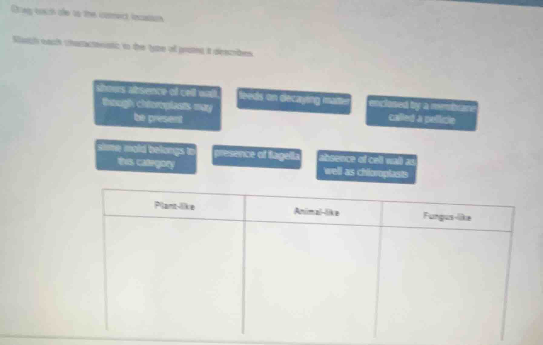 drag each tile to the correct location. match each characteristic to th…