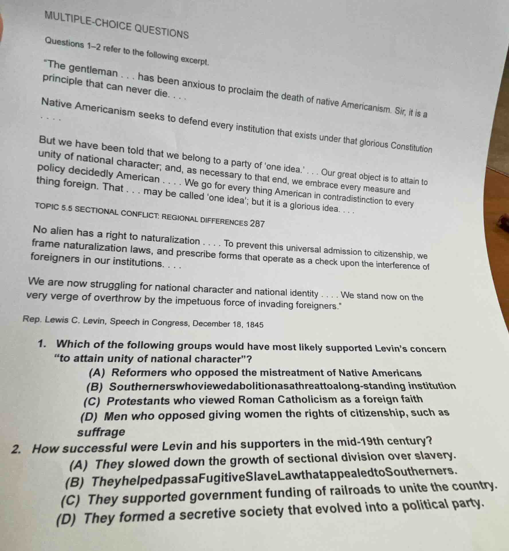 multiple-choice questions questions 1–2 refer to the following excerpt.…