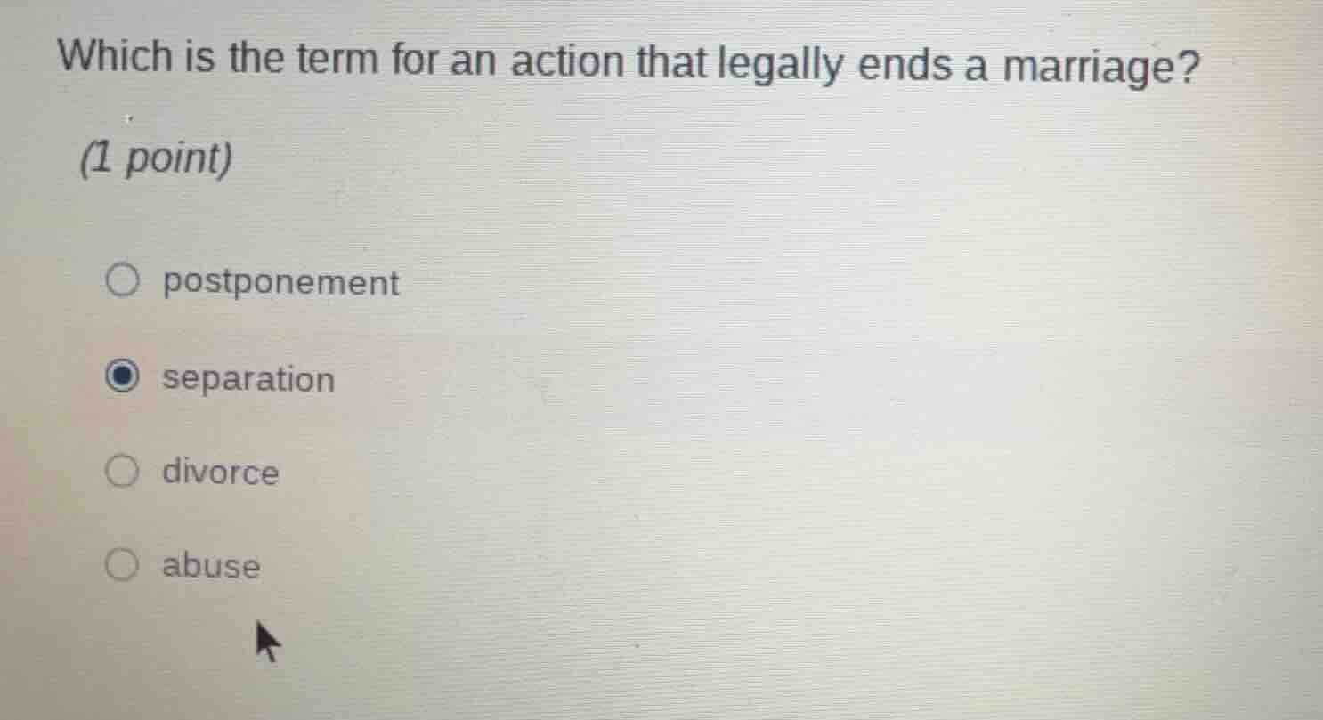 which is the term for an action that legally ends a marriage? (1 point)…
