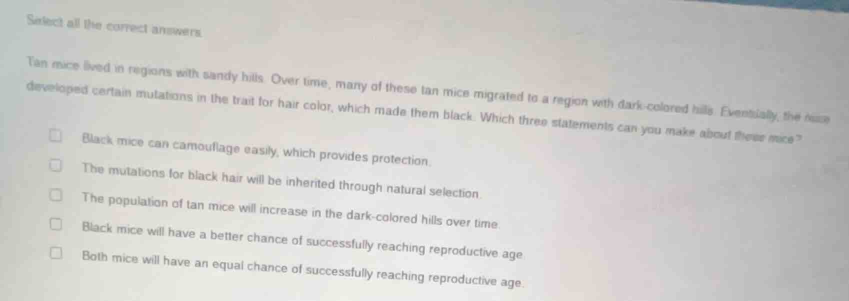 select all the correct answers. tan mice lived in regions with sandy hi…