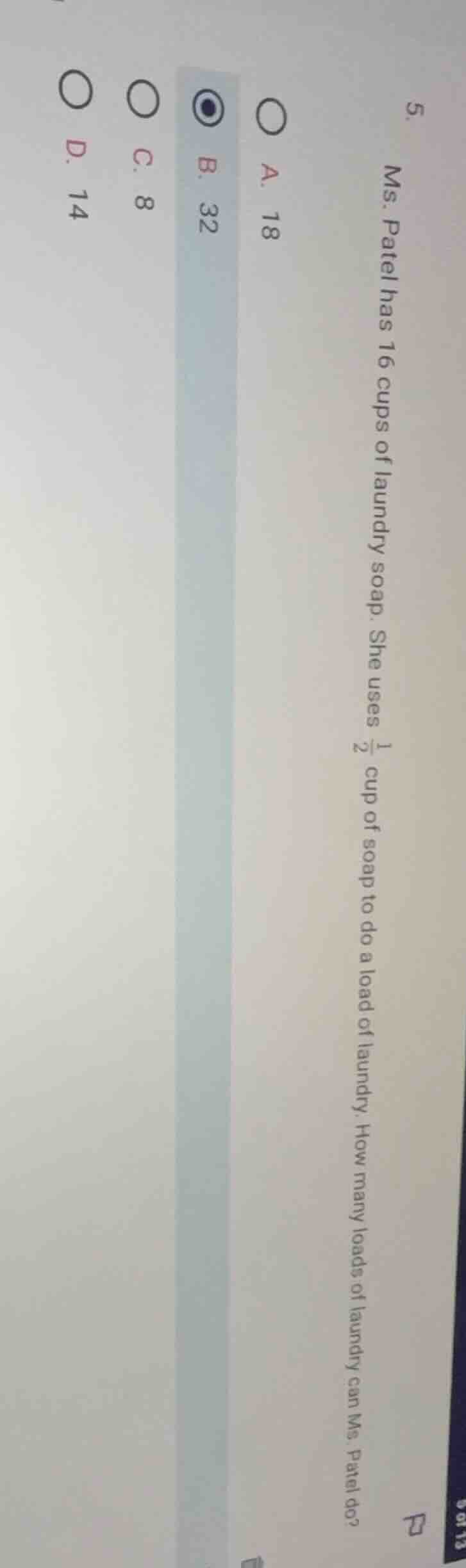 5. ms. patel has 16 cups of laundry soap. she uses \\(\\frac{1}{2}\\) c…