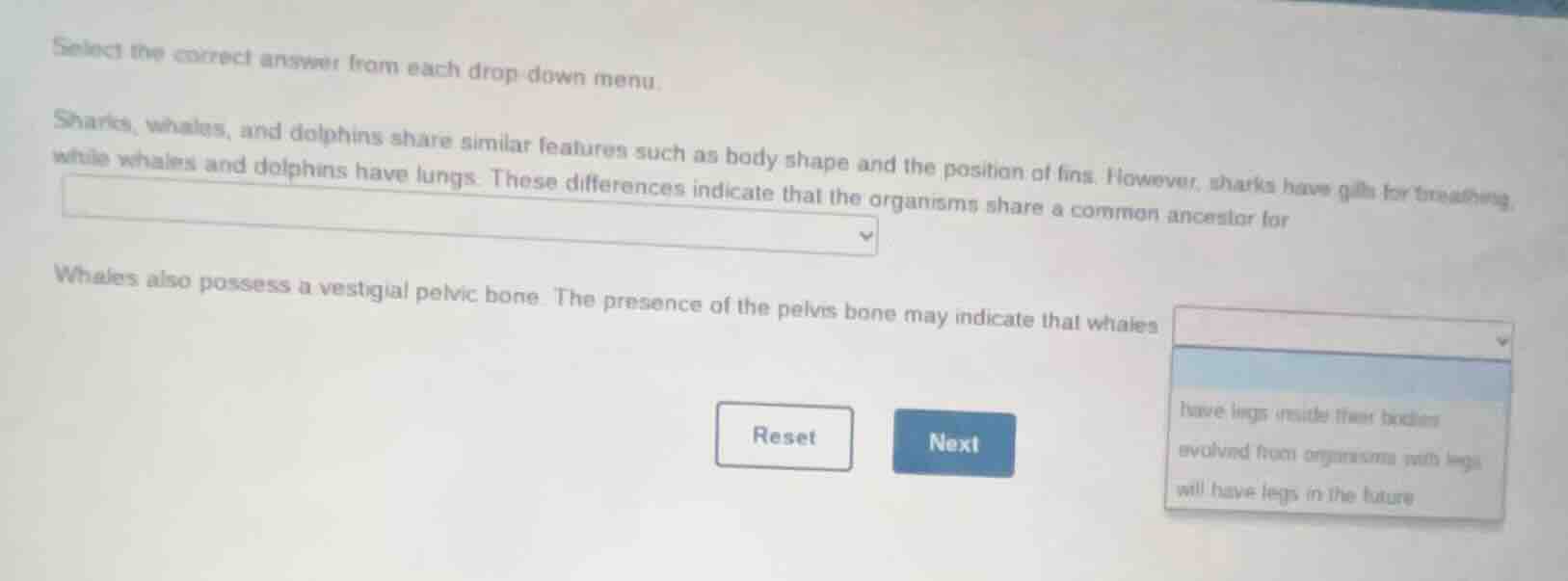 select the correct answer from each drop - down menu. sharks, whales, a…