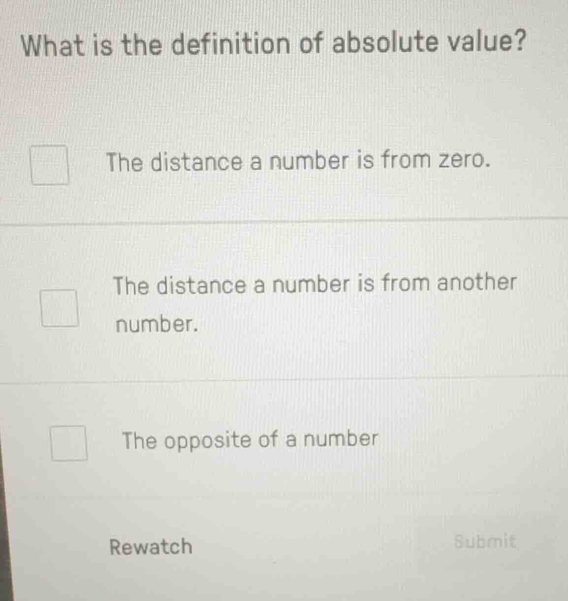what is the definition of absolute value? the distance a number is from…