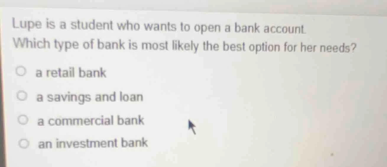lupe is a student who wants to open a bank account. which type of bank …