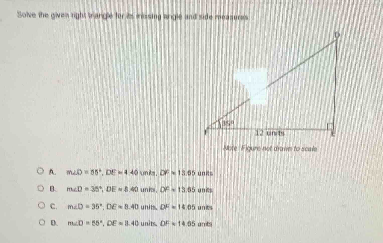 solve the given right triangle for its missing angle and side measures.…