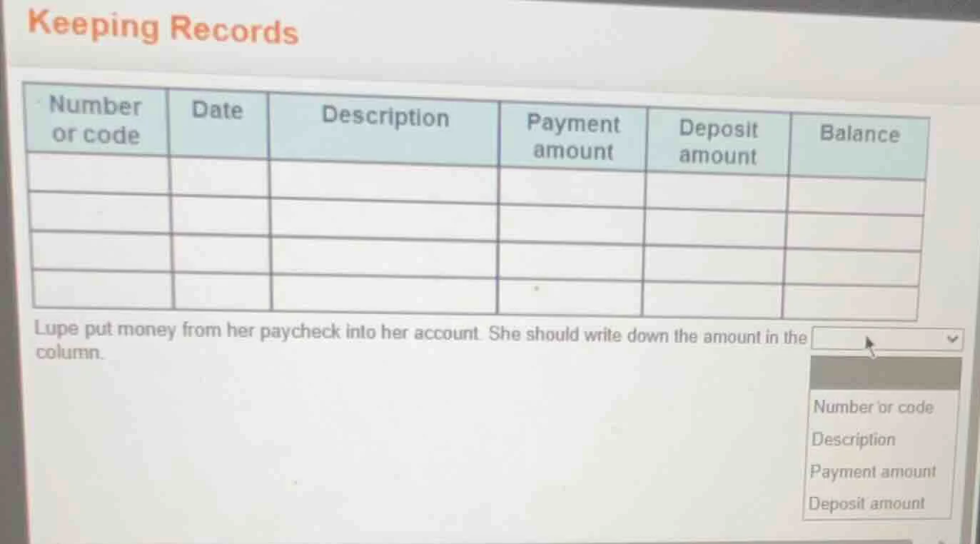 keeping records number or code\tdate\tdescription\tpayment amount\tdepo…