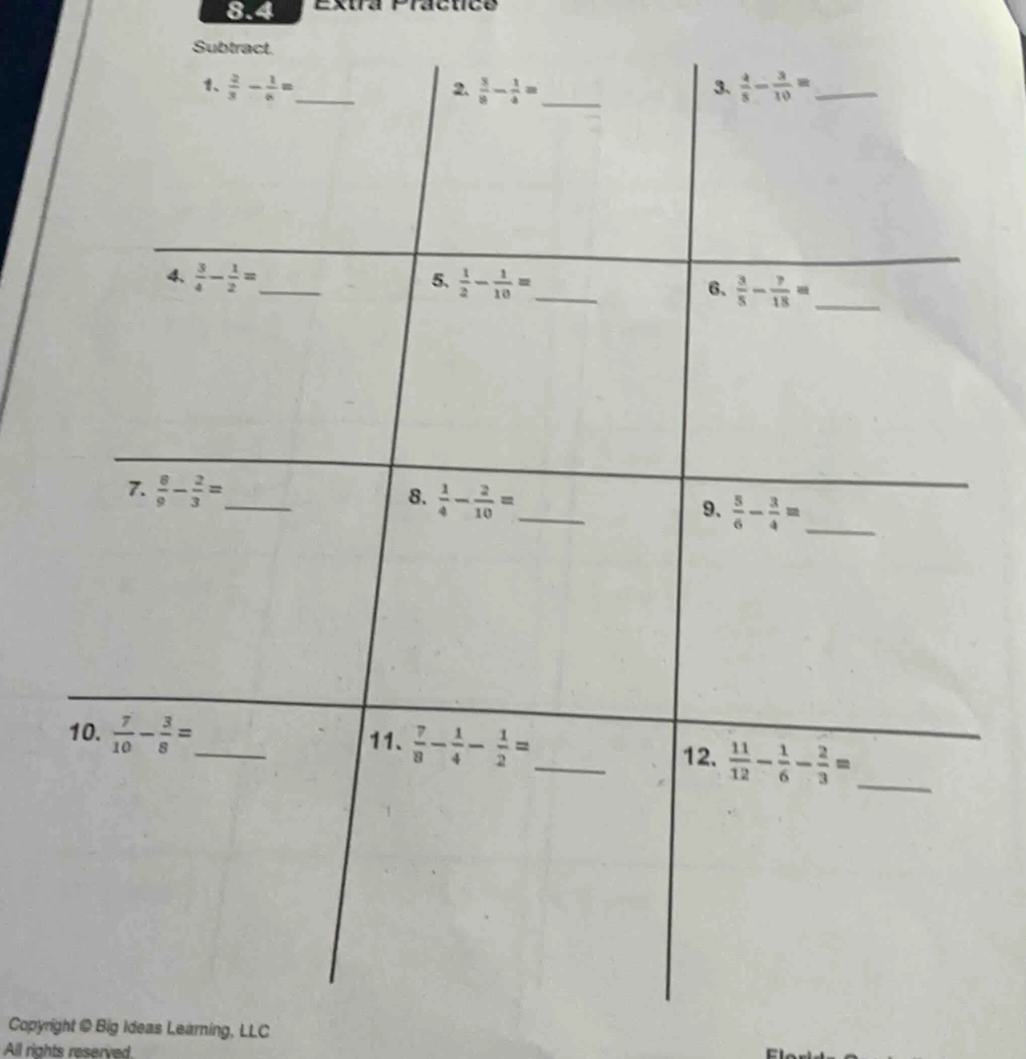 8.4 extra practice subtract. 1. $\frac{2}{3} - \frac{1}{6} = $ 2. $\fra…