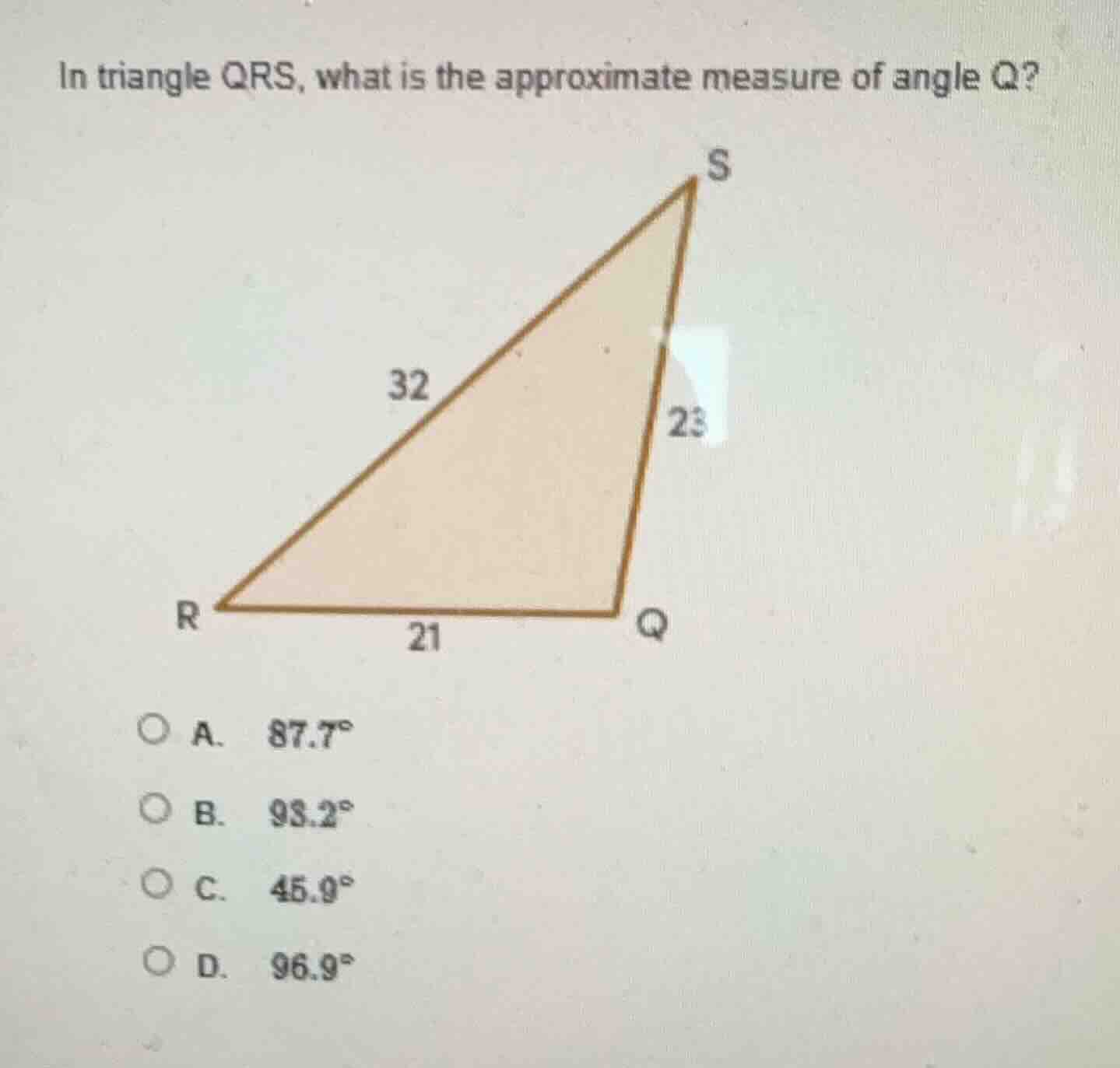 in triangle qrs, what is the approximate measure of angle q? triangle i…