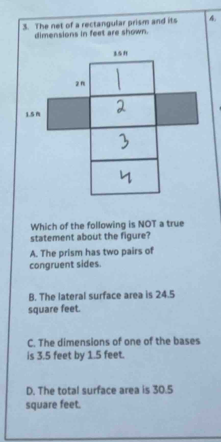 3. the net of a rectangular prism and its dimensions in feet are shown.…
