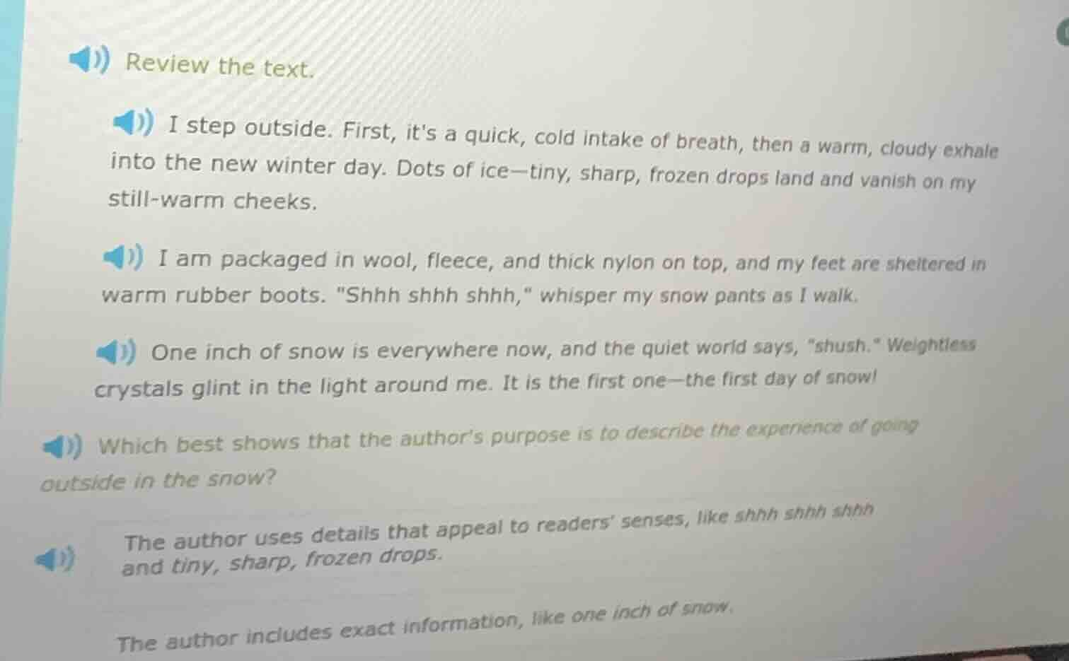 review the text. i step outside. first, its a quick, cold intake of bre…