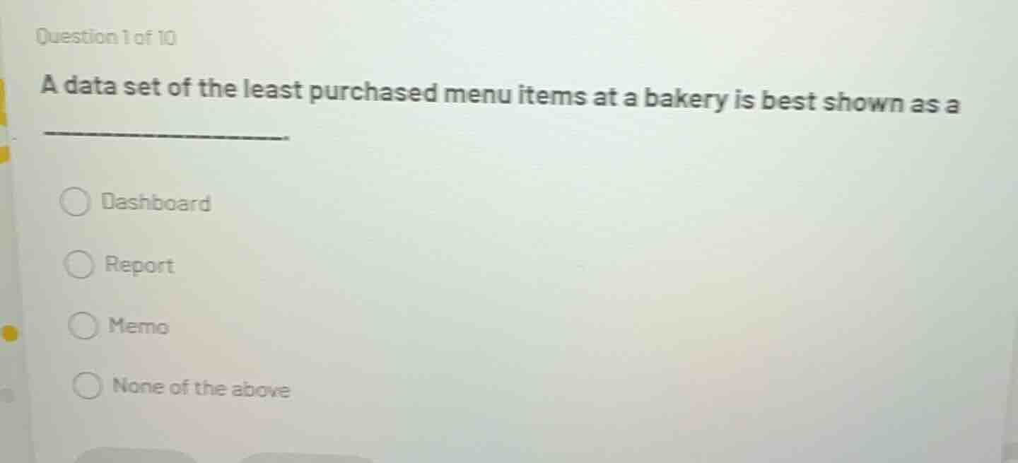question 1 of 10 a data set of the least purchased menu items at a bake…