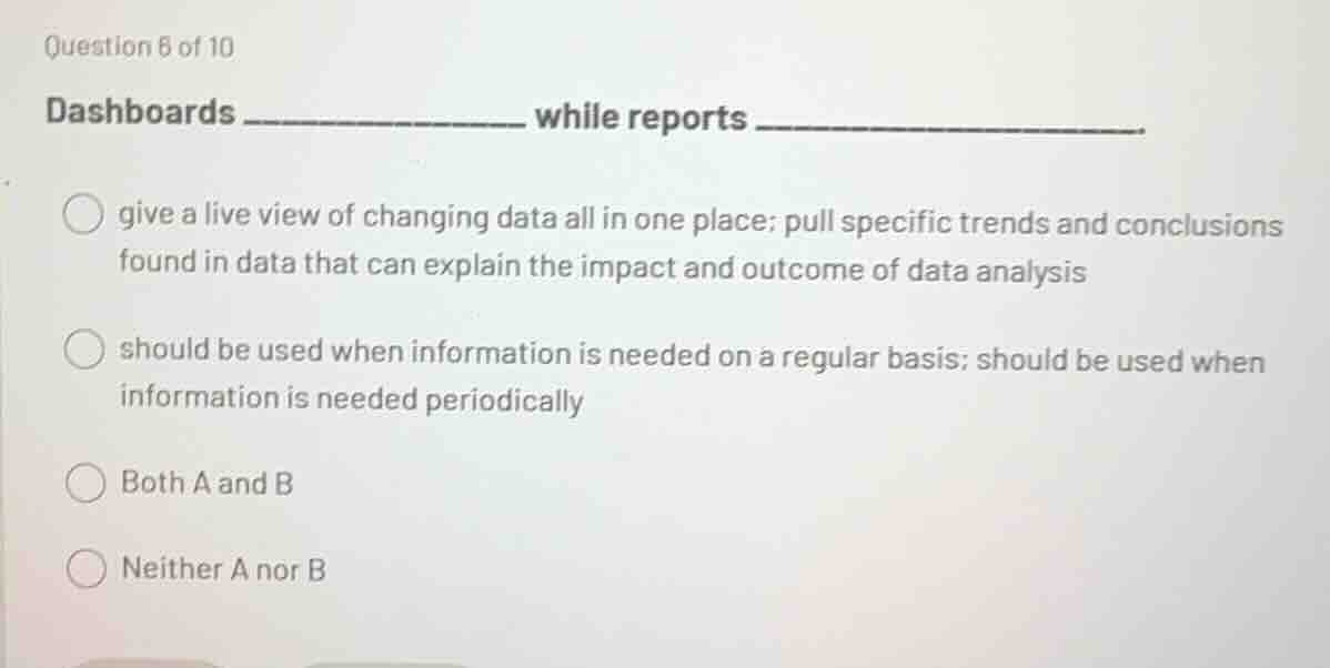 question 8 of 10 dashboards ______________ while reports ______________…