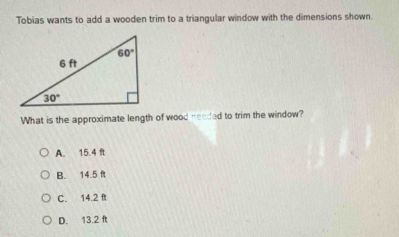 tobias wants to add a wooden trim to a triangular window with the dimen…