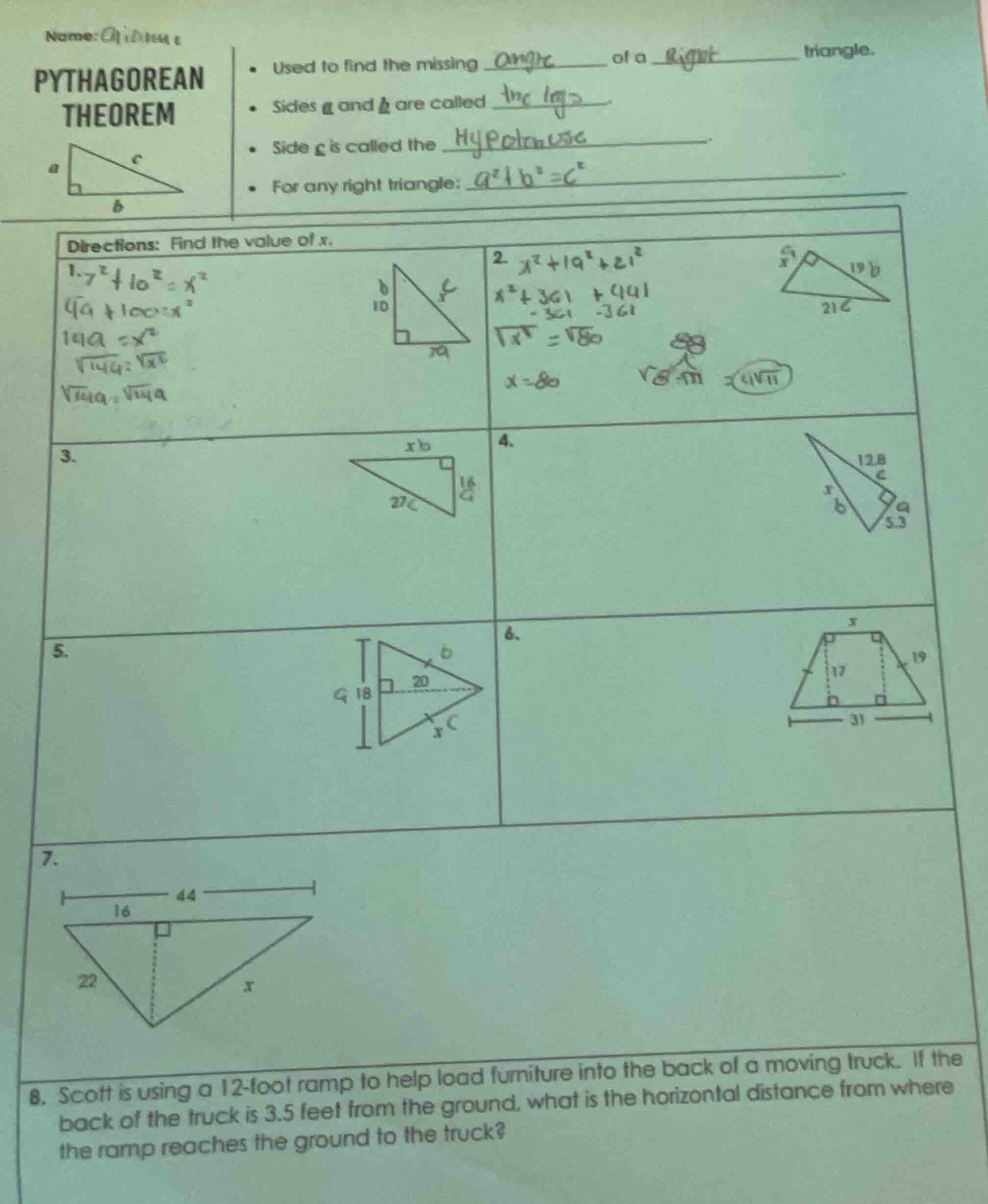 name: pythagorean theorem - used to find the missing ______ of a ______…