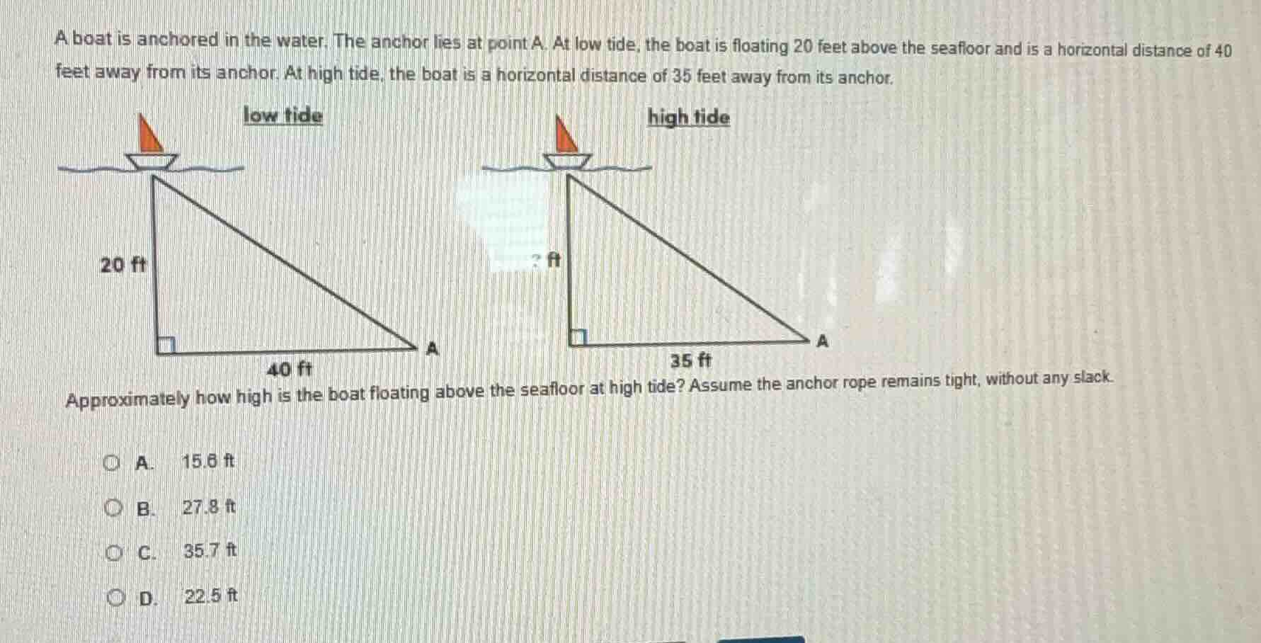 a boat is anchored in the water. the anchor lies at point a. at low tid…