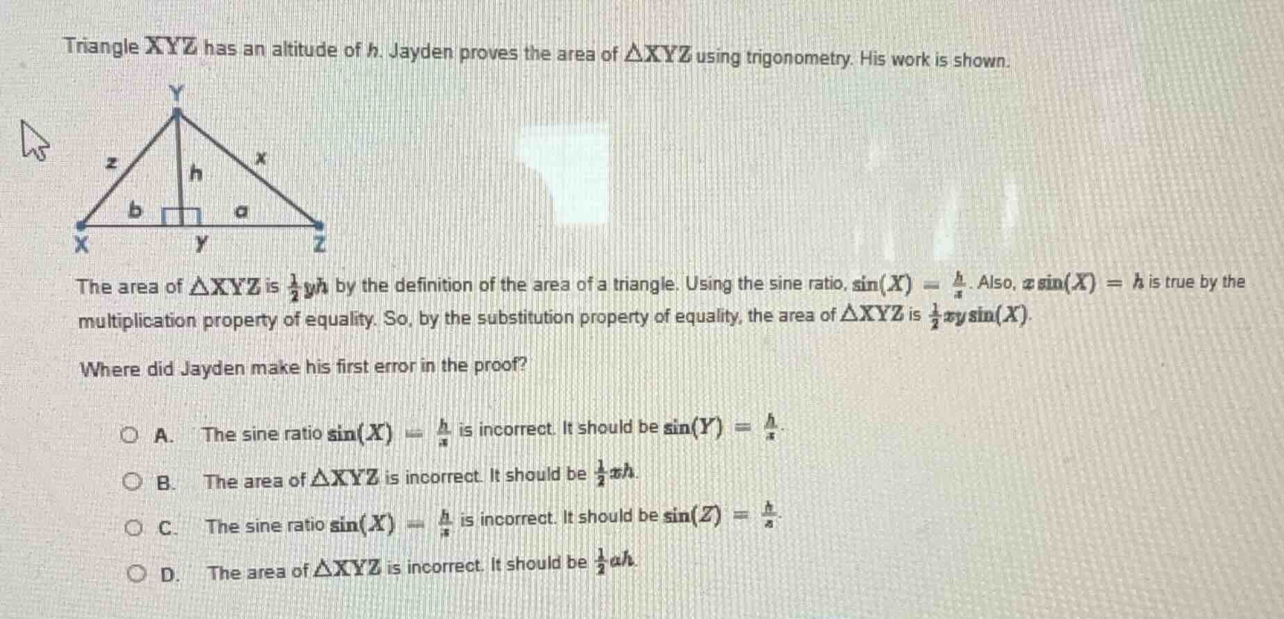 triangle xyz has an altitude of h. jayden proves the area of \\(\\trian…
