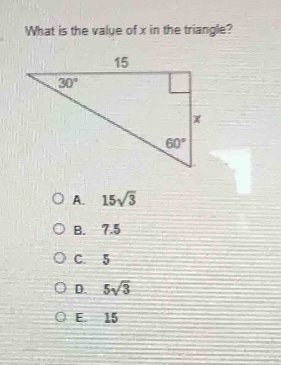 what is the value of x in the triangle? triangle with right angle, 30°,…