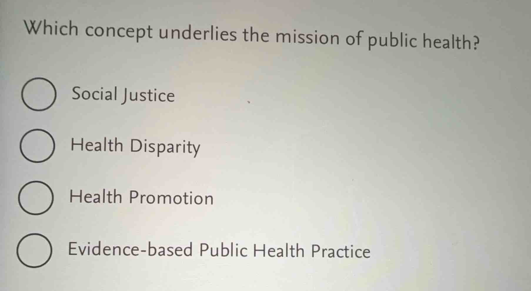 which concept underlies the mission of public health? ○ social justice …