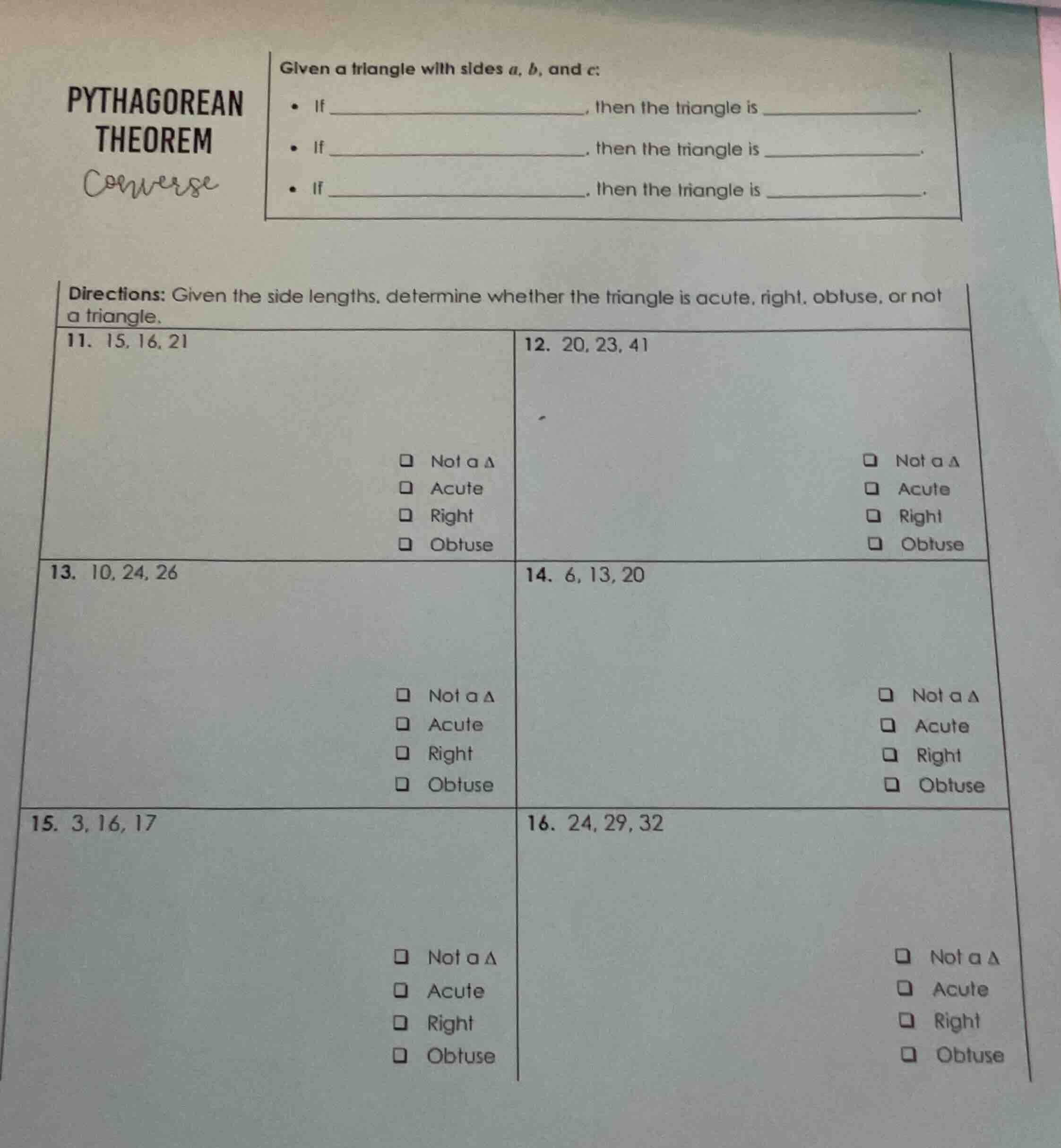 pythagorean theorem converse given a triangle with sides a, b, and c: -…