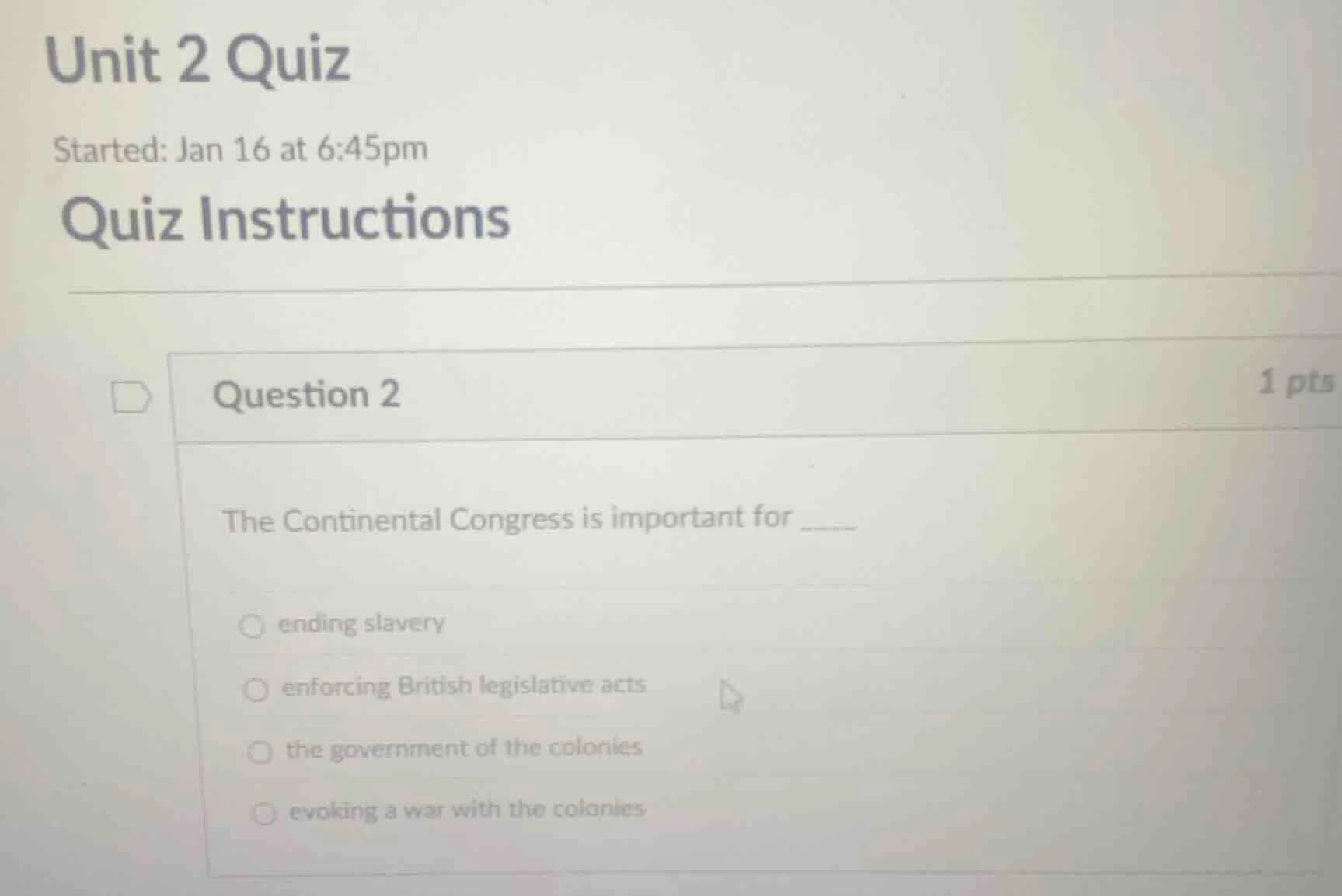 unit 2 quiz started: jan 16 at 6:45pm quiz instructions question 2 1 pt…