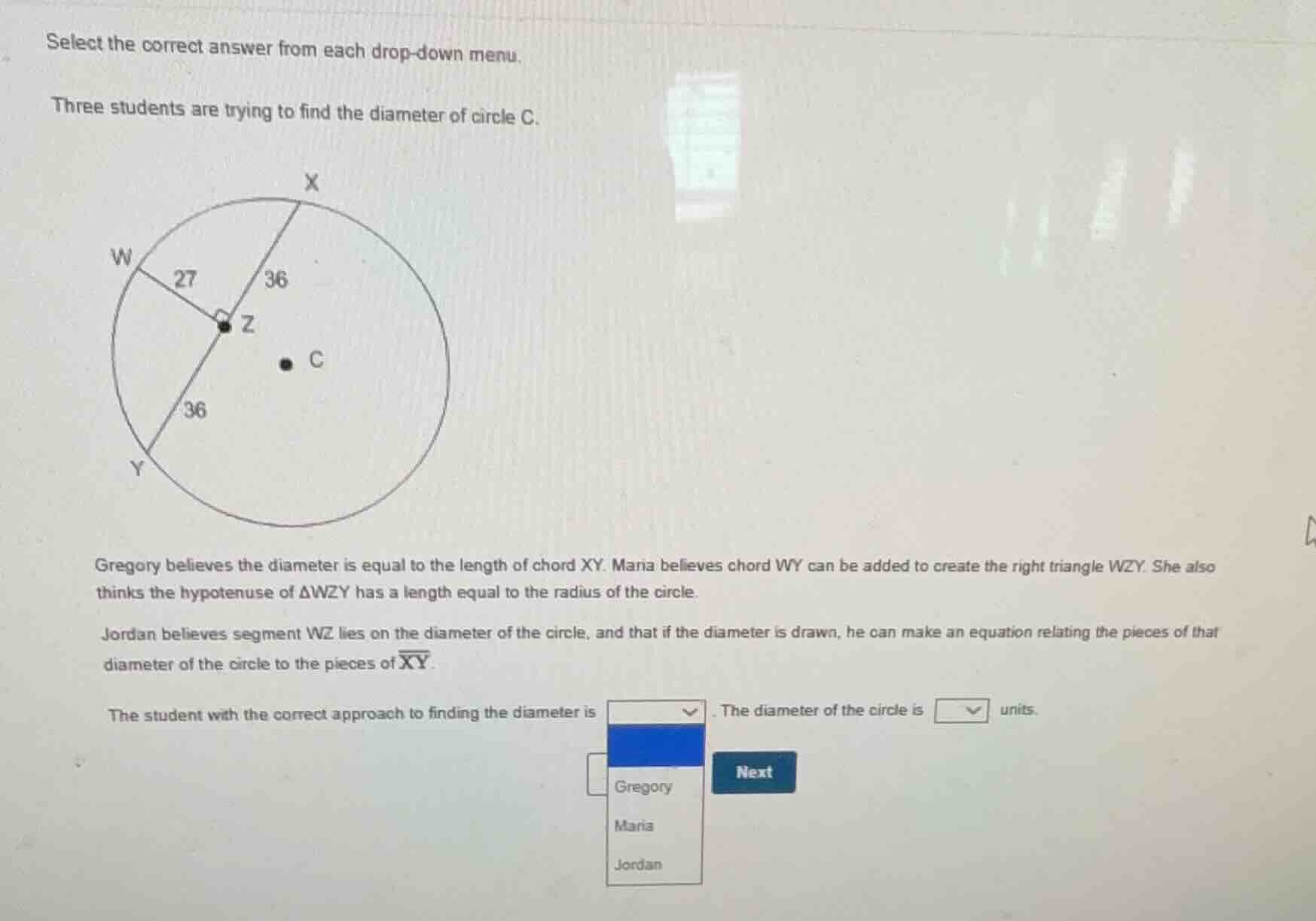 select the correct answer from each drop-down menu. three students are …
