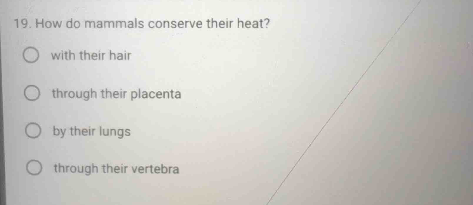 19. how do mammals conserve their heat? ○ with their hair ○ through the…