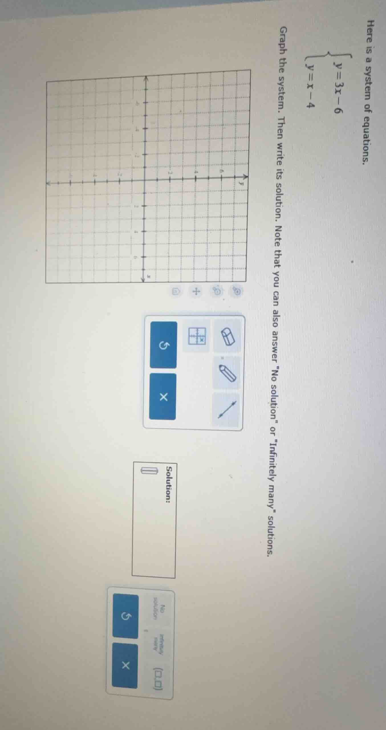 here is a system of equations. \\begin{cases} y = 3x - 6 \\\\ y = x - 4…