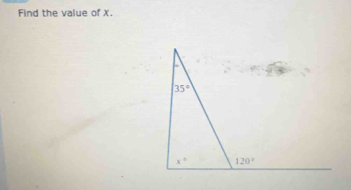 find the value of x. triangle with 35° angle at top, x° angle at bottom…