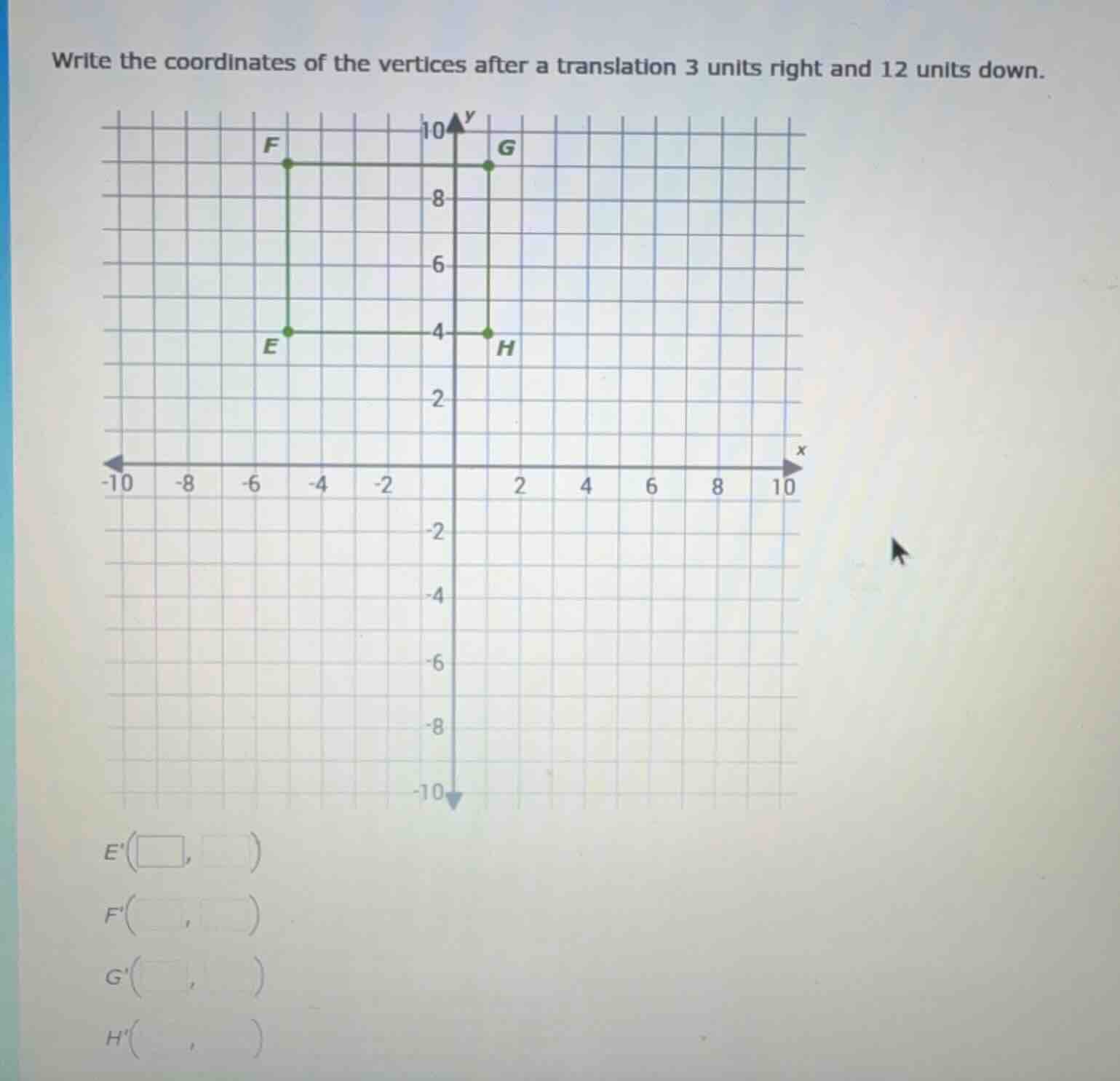 write the coordinates of the vertices after a translation 3 units right…
