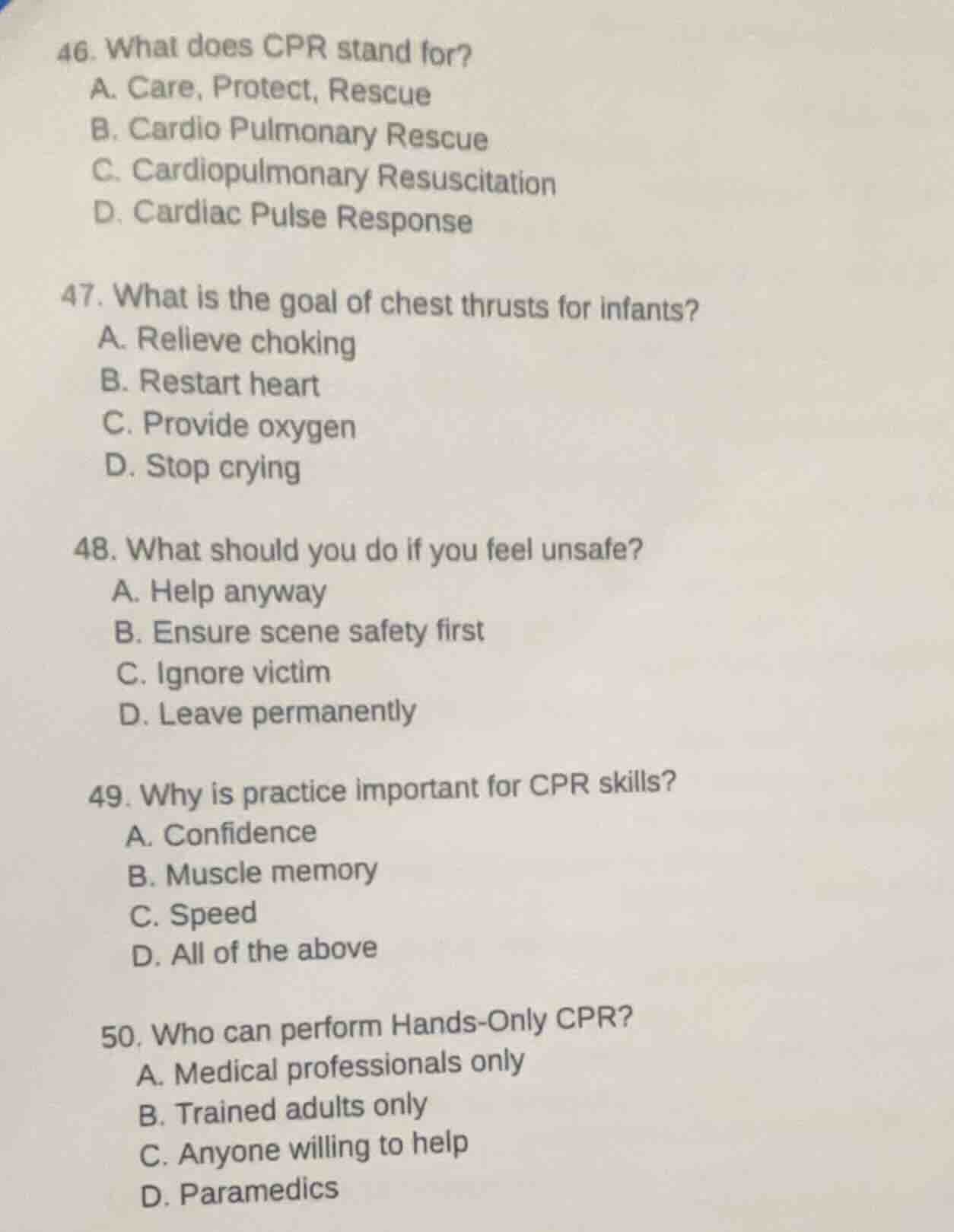 46. what does cpr stand for? a. care, protect, rescue b. cardio pulmona…
