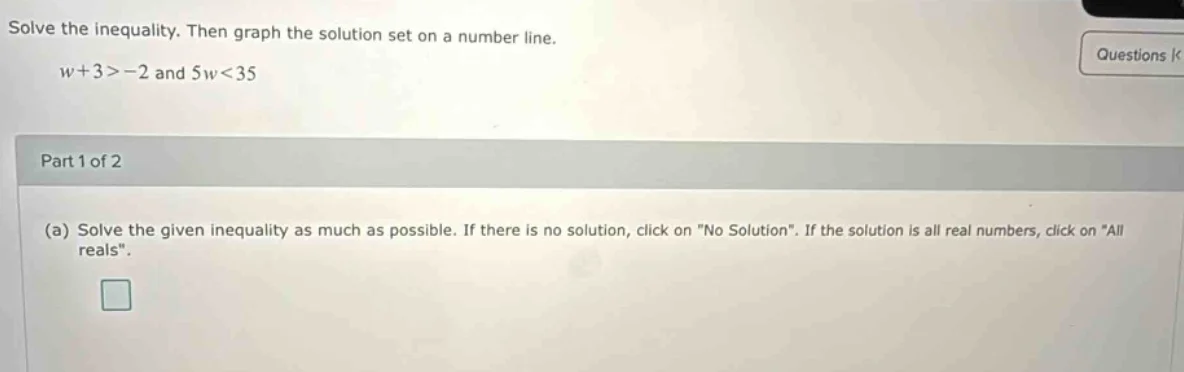 solve the inequality. then graph the solution set on a number line. w+3…