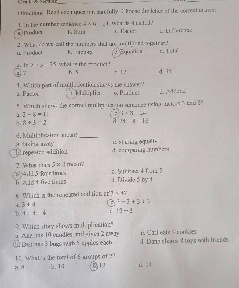 grade & section: directions: read each question carefully. choose the l…