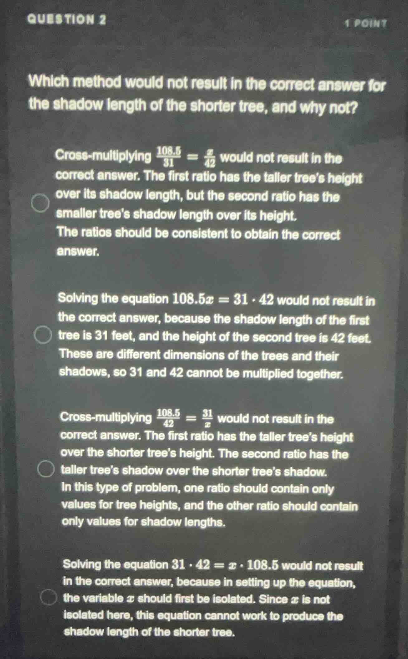 question 2 1 point which method would not result in the correct answer …