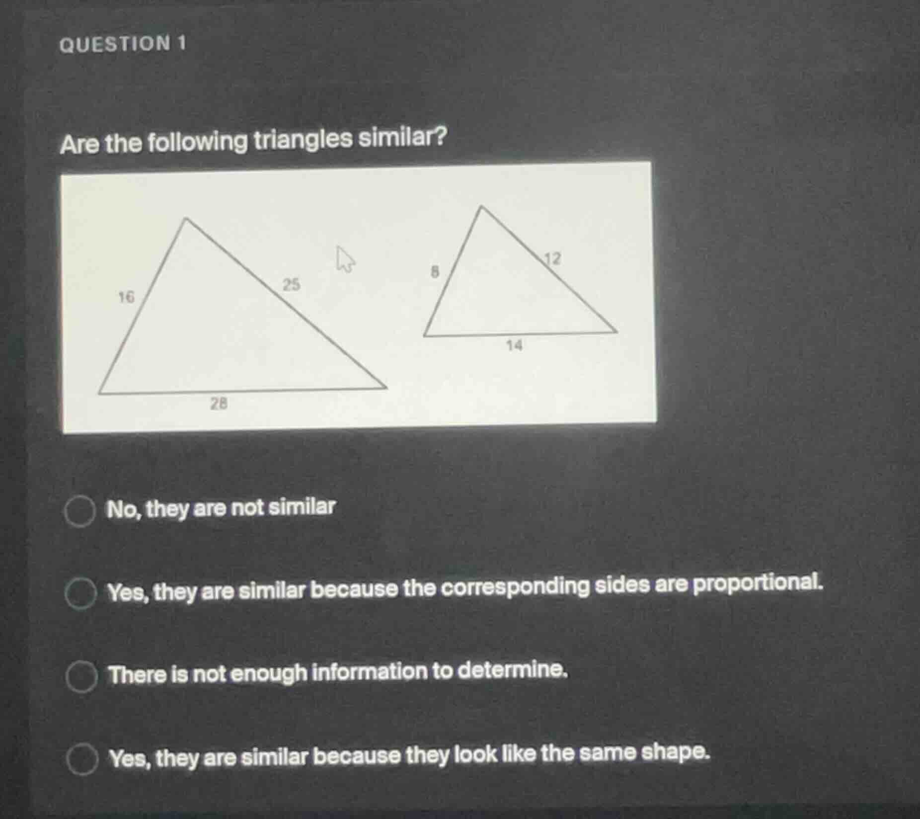 question 1 are the following triangles similar? image of two triangles …
