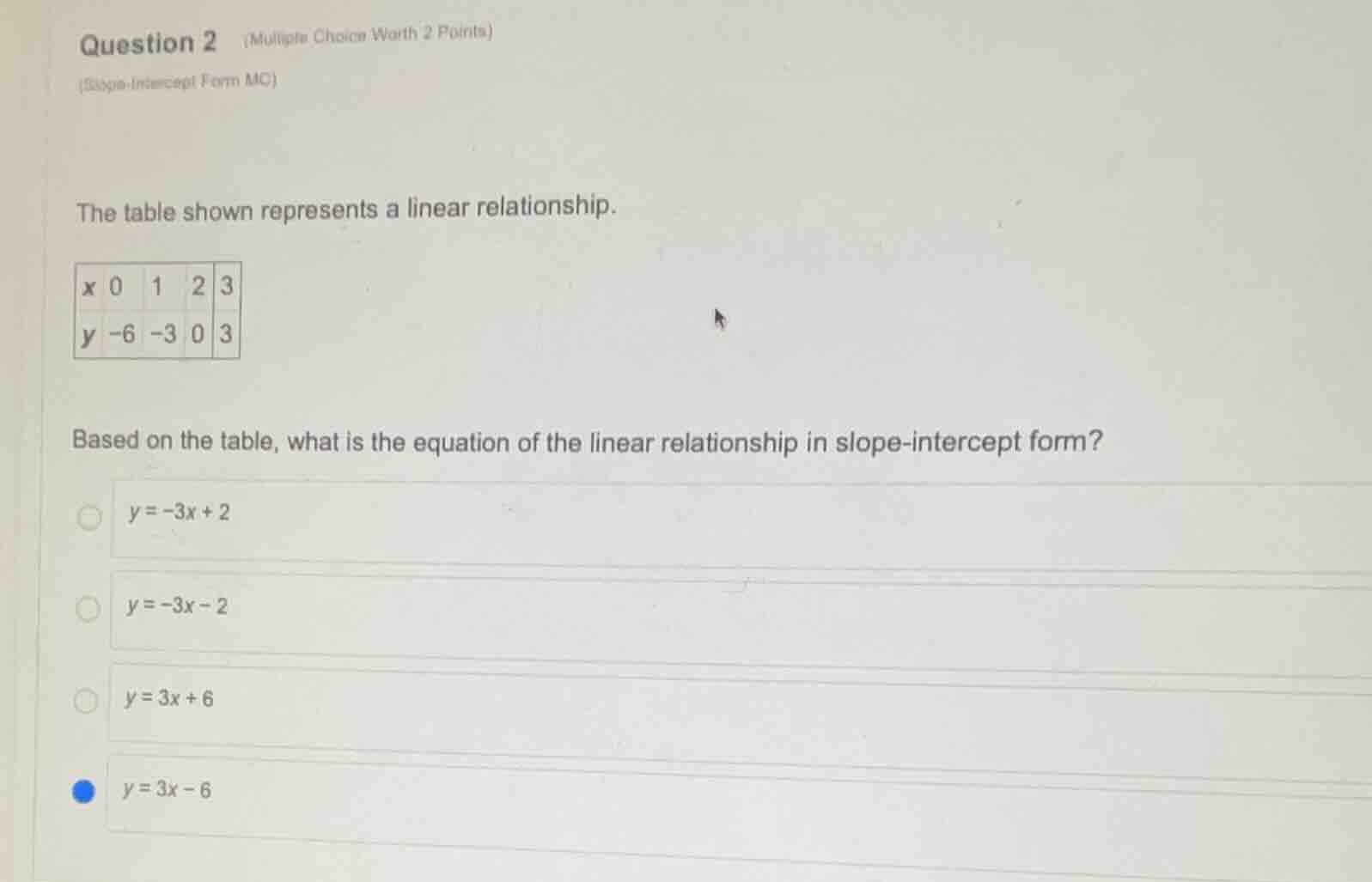 question 2 (multiple choice worth 2 points) (slope-intercept form mc) t…