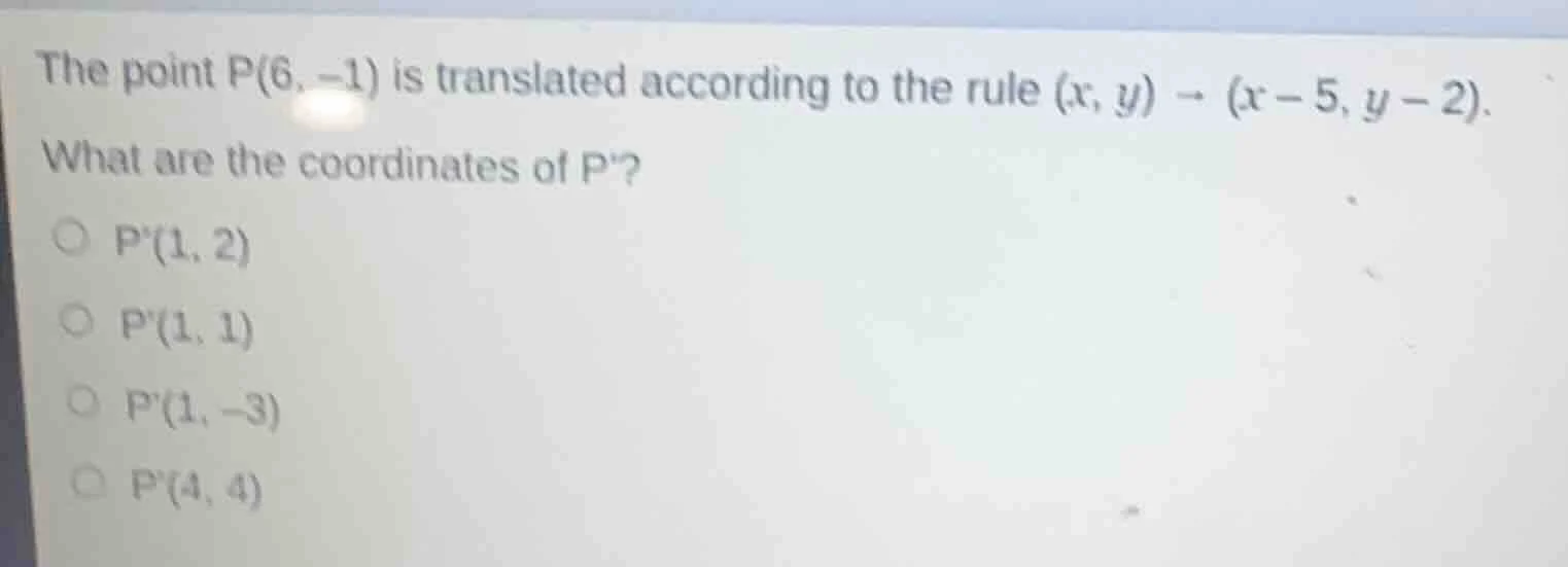 the point p(6, -1) is translated according to the rule (x, y) → (x - 5,…