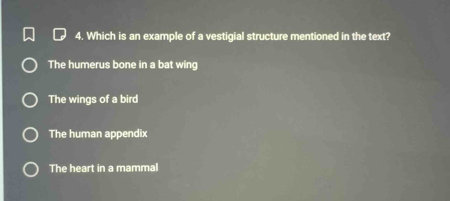 4. which is an example of a vestigial structure mentioned in the text? …
