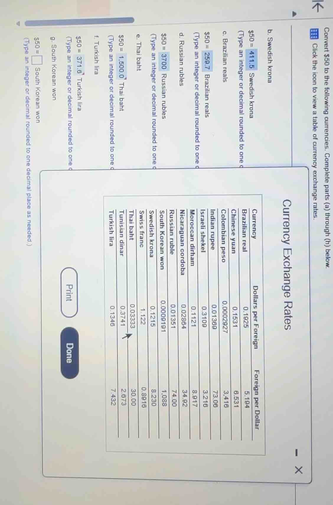 convert $50 to the following currencies. complete parts (a) through (h)…