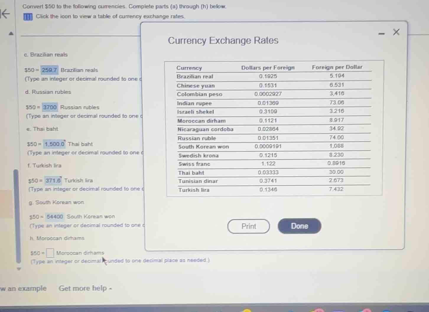 convert $50 to the following currencies. complete parts (a) through (h)…