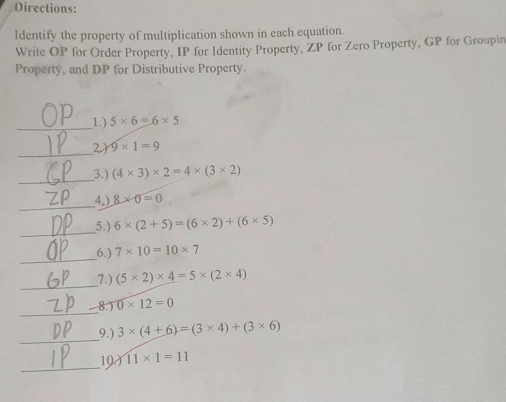 directions: identify the property of multiplication shown in each equat…
