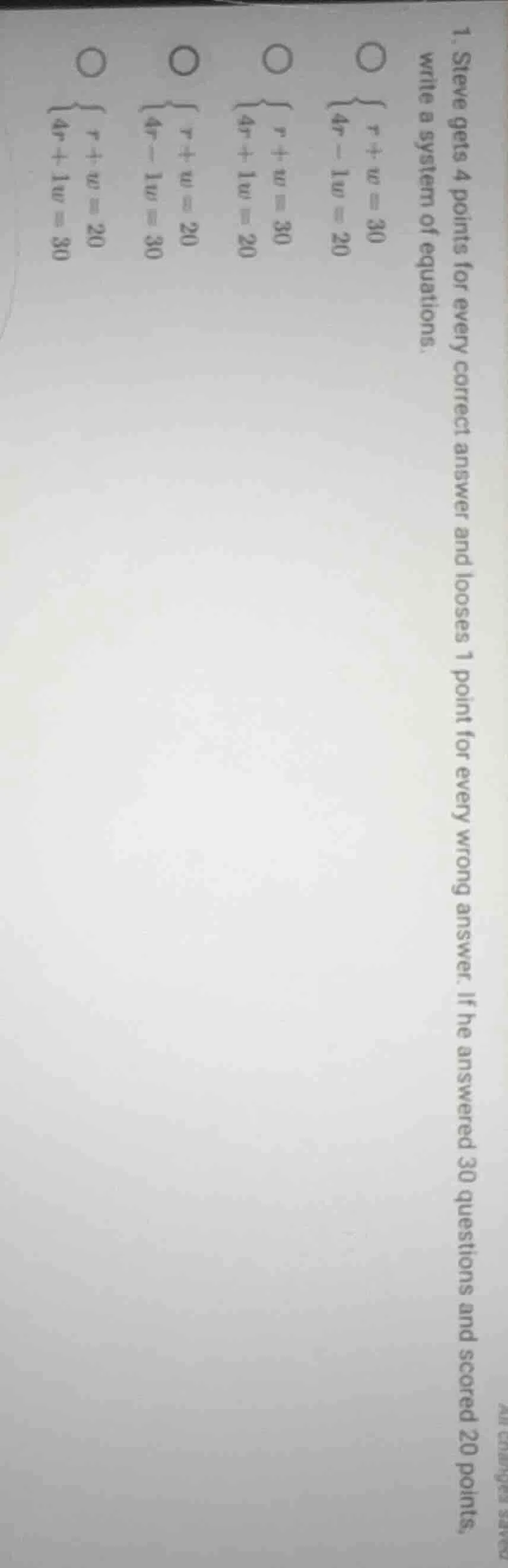 1. steve gets 4 points for every correct answer and looses 1 point for …