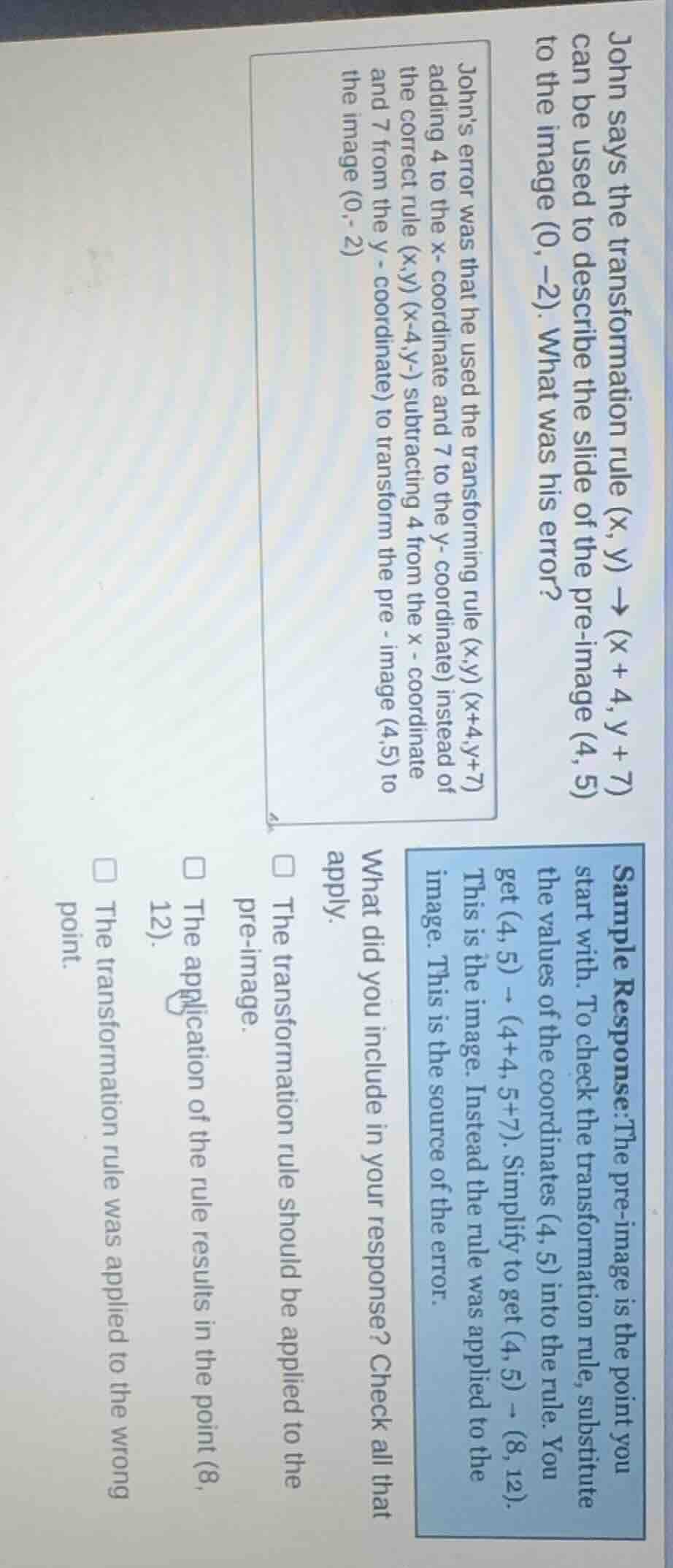 john says the transformation rule (x, y) → (x + 4, y + 7) can be used t…