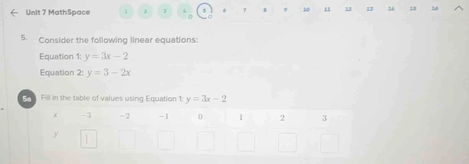 5. consider the following linear equations: equation 1: $y = 3x - 2$ eq…