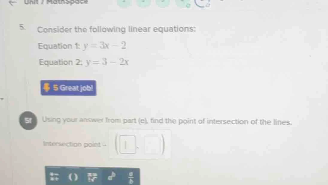5. consider the following linear equations: equation 1: $y = 3x - 2$ eq…