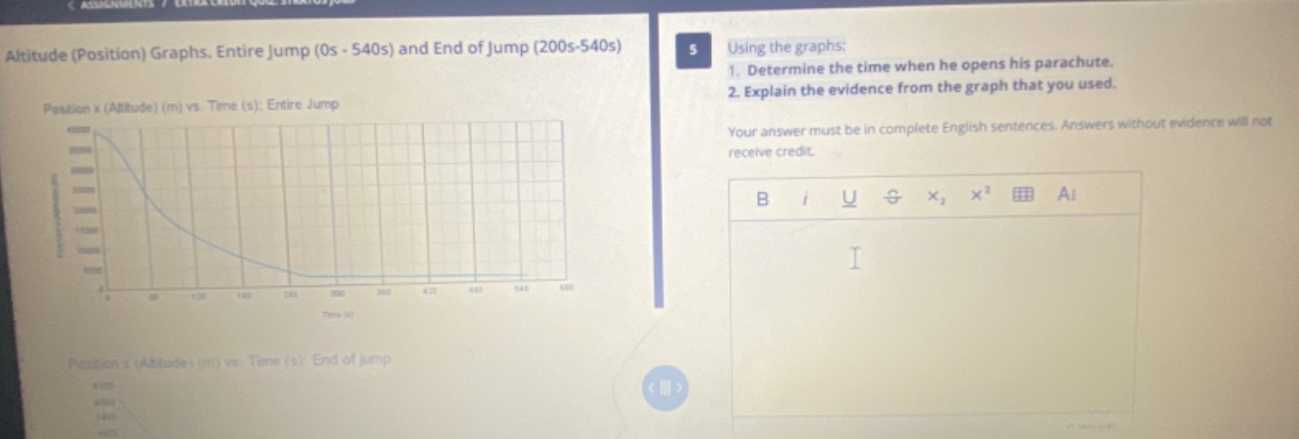 altitude (position) graphs. entire jump (0s - 540s) and end of jump (20…